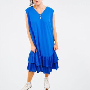 Vintage Royal Blur Drop Hem Ruffle Midi Dress